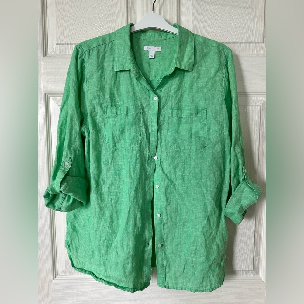 Charter Club Women’s Mint Green Button Down Shirt Size L NC0306